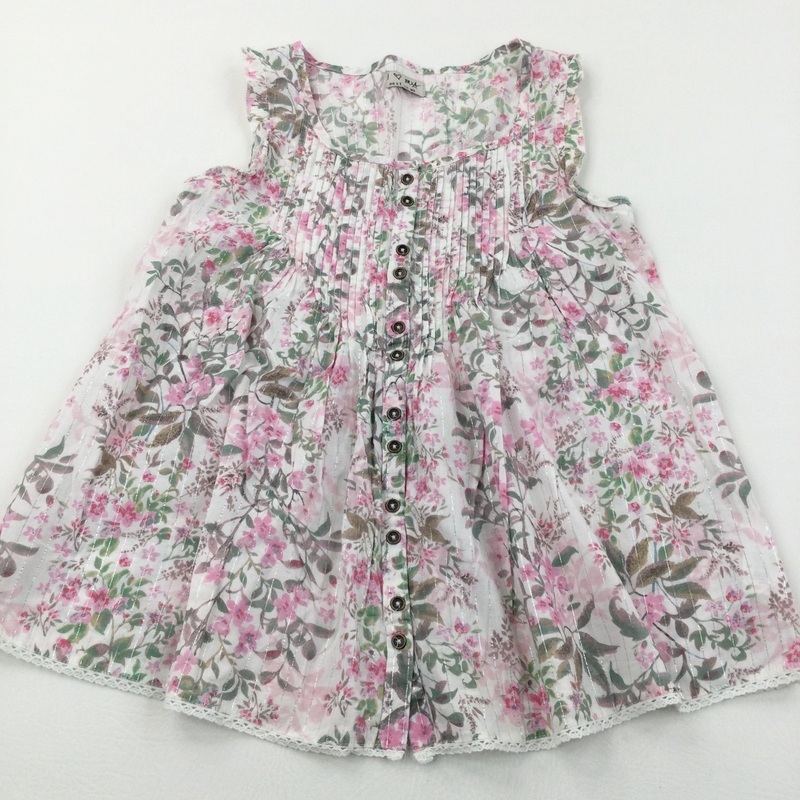 Sparkly Flowers Pink, Green & White Cotton Blouse - Girls 10 Years