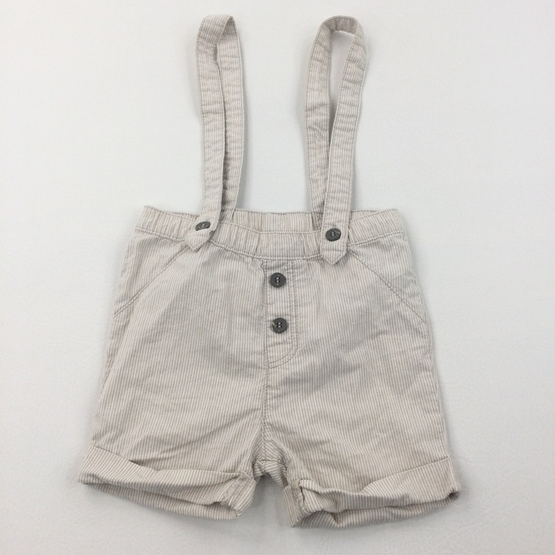 Beige & White Striped Lightweight Cotton Shorts with Attached Fabric Straps/Braces - Boys 12-18 Months