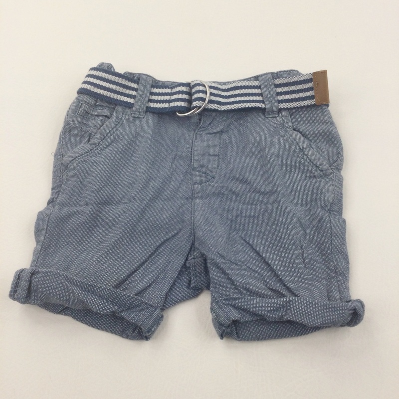 Blue & White Lightweight Cotton Shorts with Fabric Belt - Boys 18-24 Months