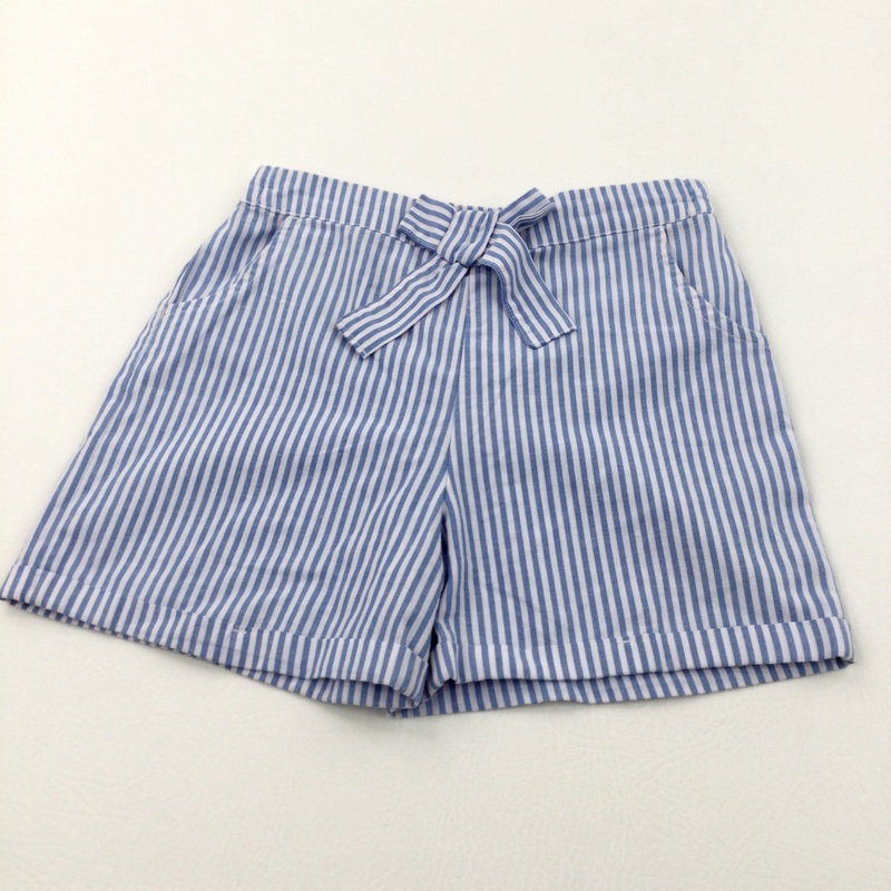 Blue & White Striped Lightweight Cotton Shorts - Girls 8 Years