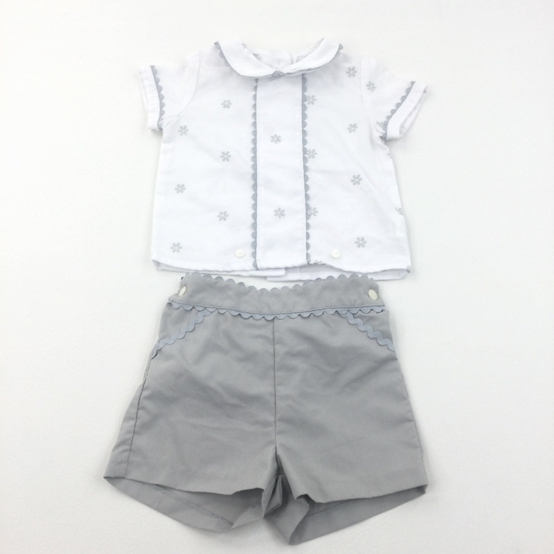 Flowers Embroidered White & Grey Cotton Shirt & Shorts Set/Buster Suit - Boys/Girls 12-18 Months