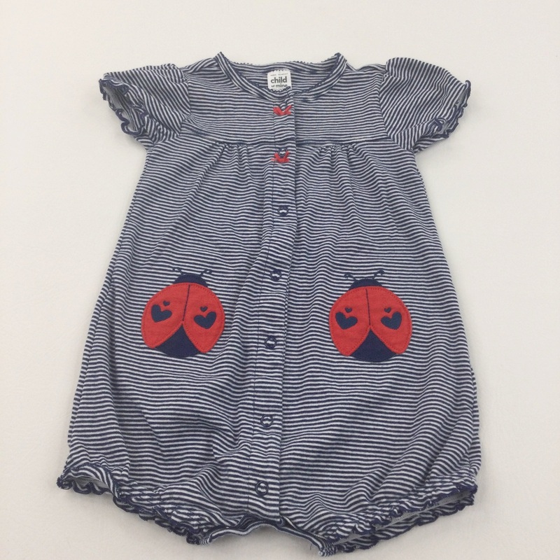 Ladybirds Appliqued Navy & White Striped Jersey Romper - Girls 18 Months