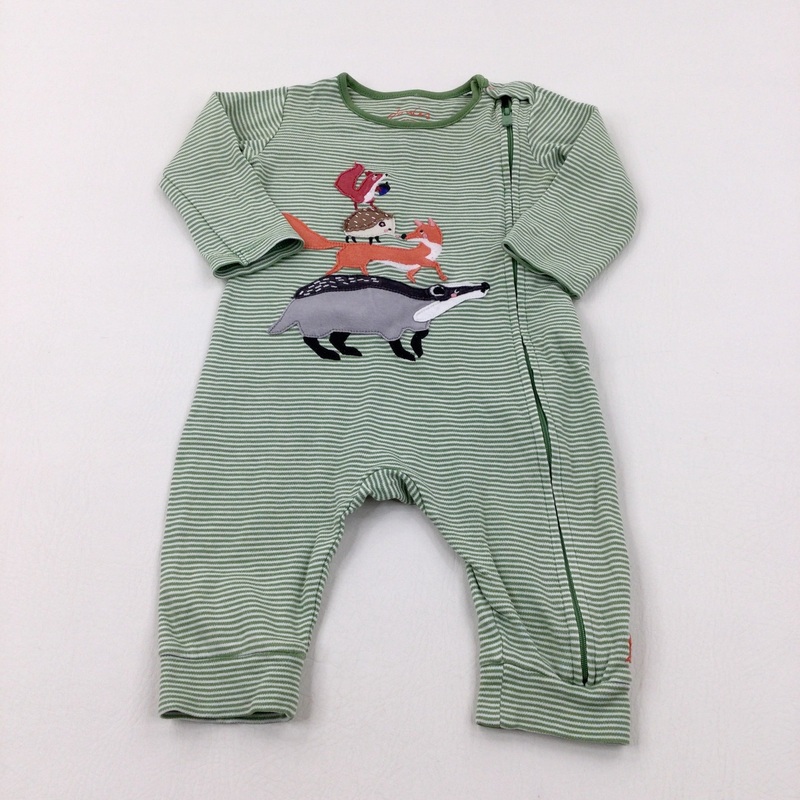 Badger Fox & Hedgehog Appliqued Green & White Striped Romper - Boys 6-9 Months