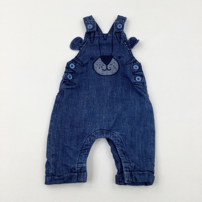 Bear Appliqued Mid Blue Lined Denim Dungarees - Boys 0-3 Months