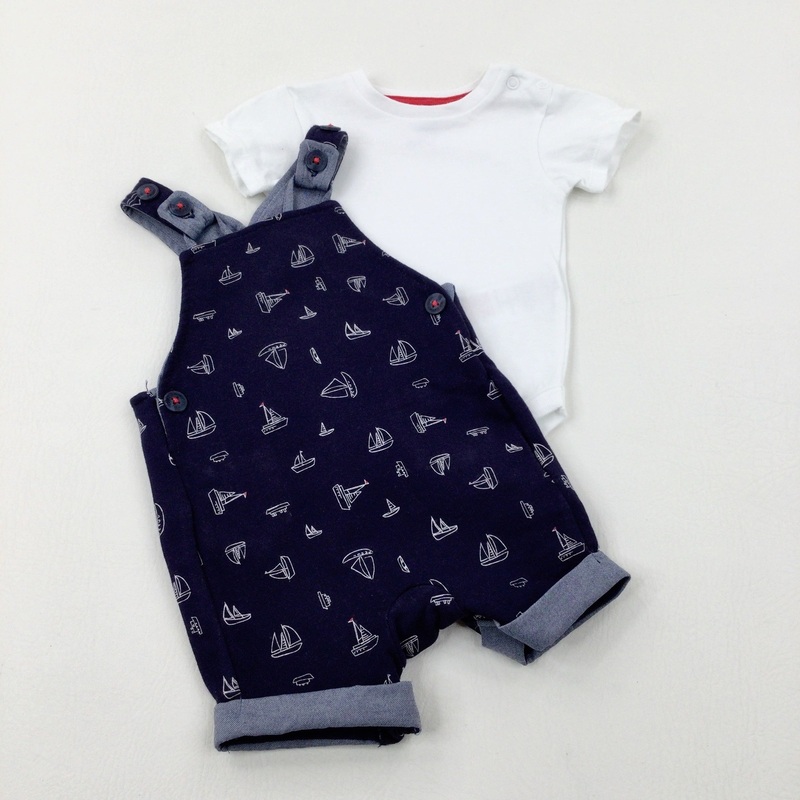 Boats Navy Jersey Dungarees & White T-Shirt Set - Boys 0-3 Months