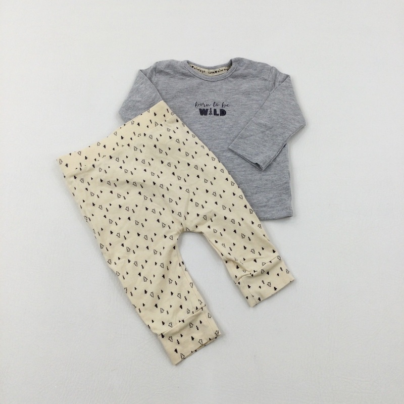 'Born To Be Wild' Grey & Cream Long Sleeve Top & Jersey Trousers Set - Boys 3-6 Months