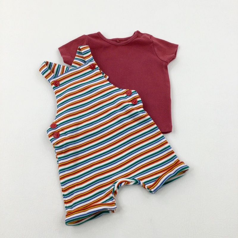 Colourful Striped Jersey Dungarees & Red T-Shirt Set - Boys 0-3 Months