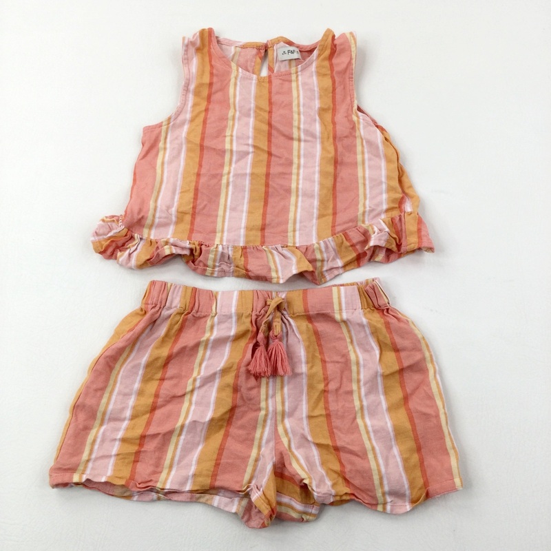 Coral Pink & Orange Striped Lightweight Vest Top & Matching Shorts - Girls 6-7 Years