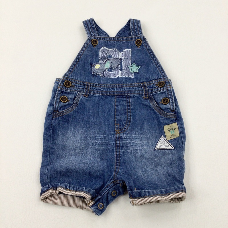 Dog Appliqued Mid Blue Denim Short Dungarees - Boys 6-9 Months