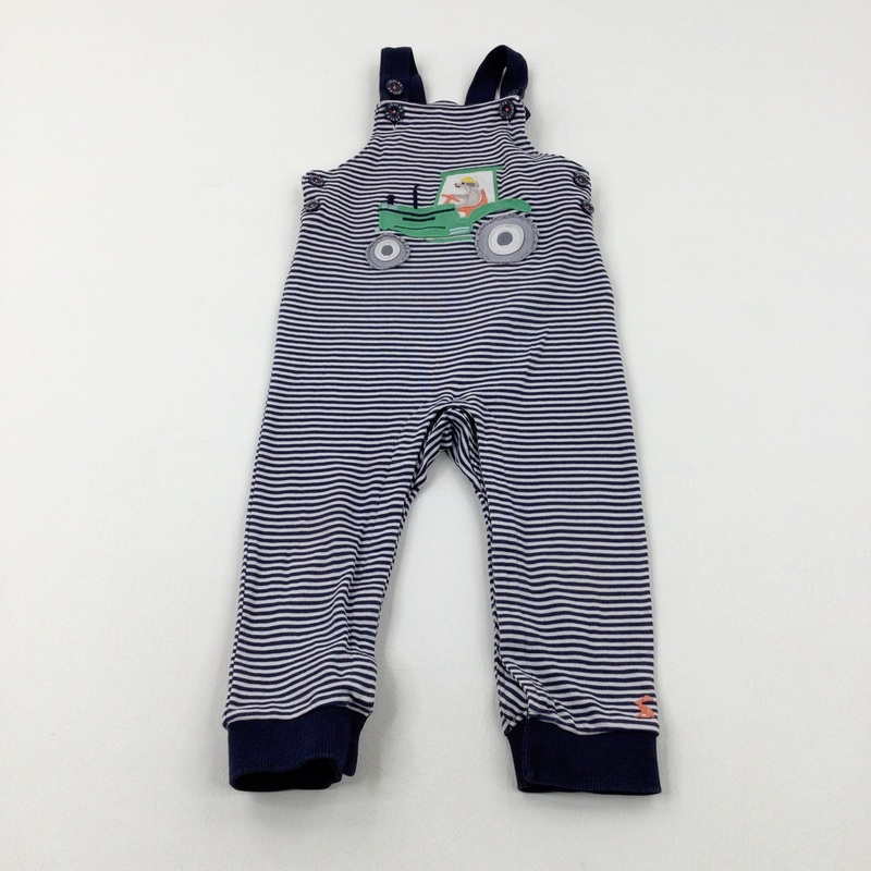 Dog & Tractor Appliqued Navy Striped Jersey Dungarees - Boys 18-24 Months
