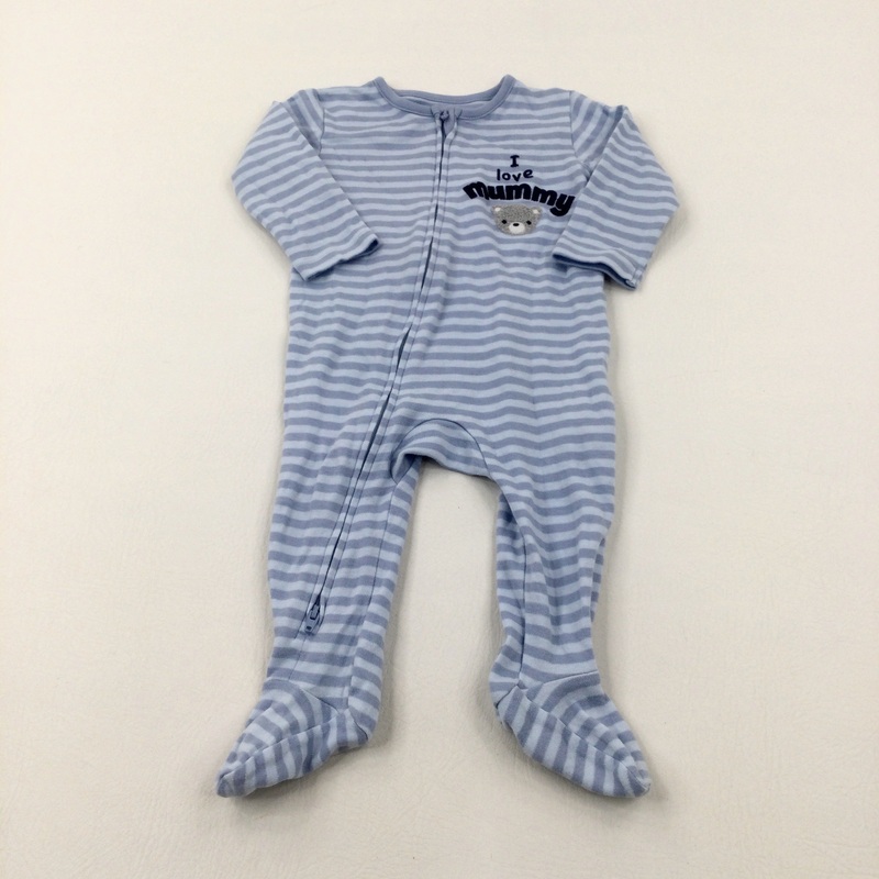'I Love Mummy' Embroidered Blue Striped Babygrow - Boys 6-9 Months