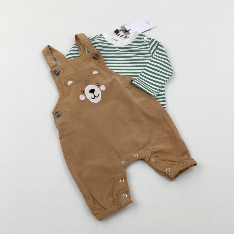 **NEW** Bear Appliqued Tan Cord Dungarees & Green Striped Long Sleeve Top Set - Boys 0-3 Months