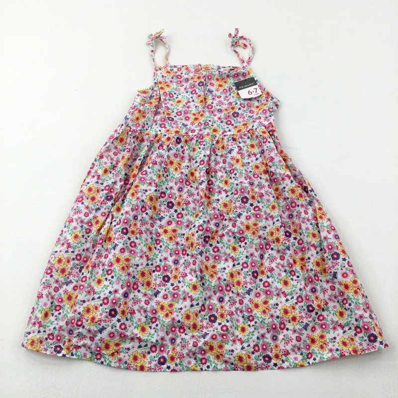 **NEW** Colourful Flowers White Cotton Summer Dress - Girls 6-7 Years