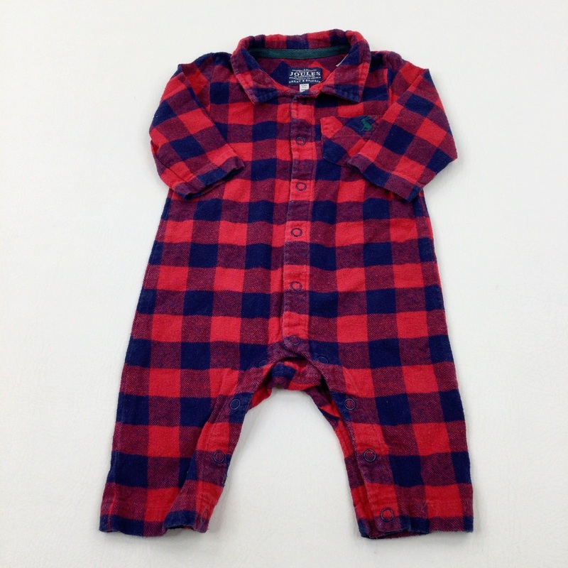 Red & Navy Checked Romper - Boys 3-6 Months