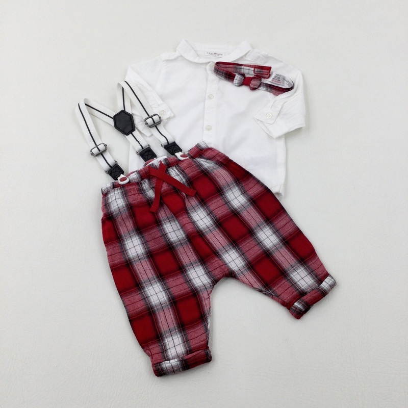 Red Tartan Trousers With Braces & White Long Sleeve Bodysuit & Bow Tie Set - Boys 0-3 Months