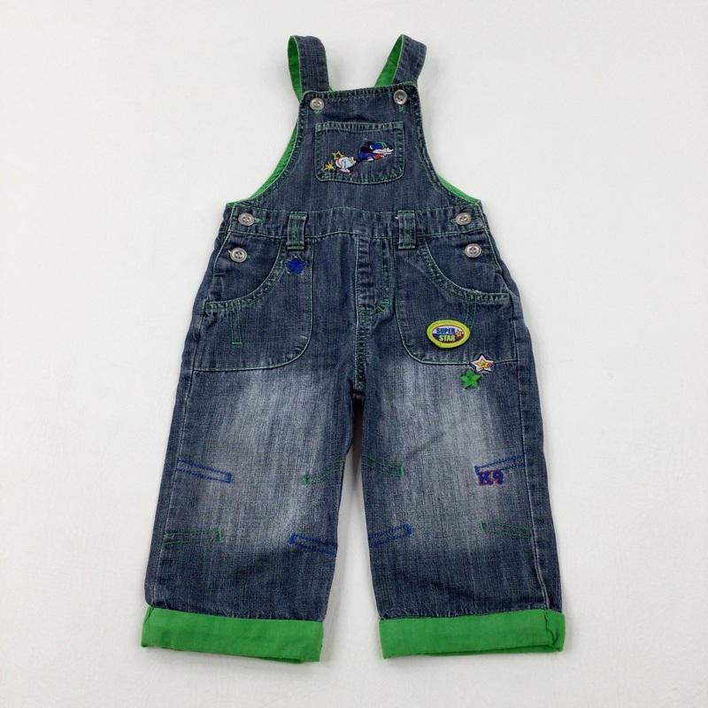 'Super Star' Cannonball Dog Dark Blue Lined Denim Dungarees - Boys 9-12 Months