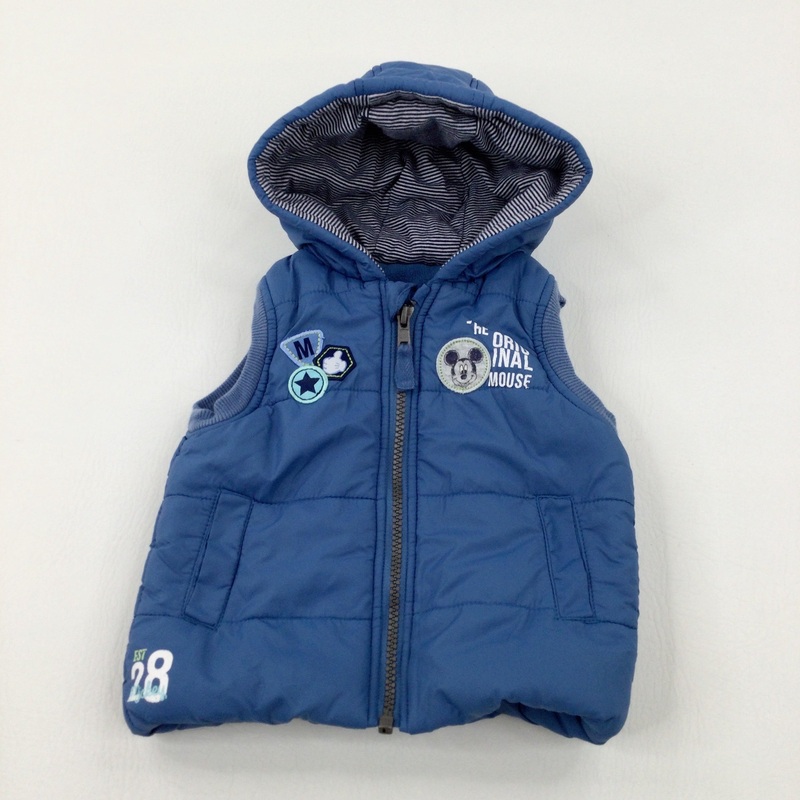 'The Original Mouse' Mickey Appliqued Blue Padded Hooded Gilet - Boys 6-9 Months