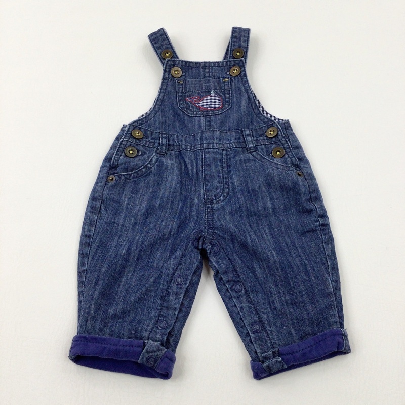 Whale Appliqued Mid Blue Lined Denim Dungarees - Boys 0-3 Months