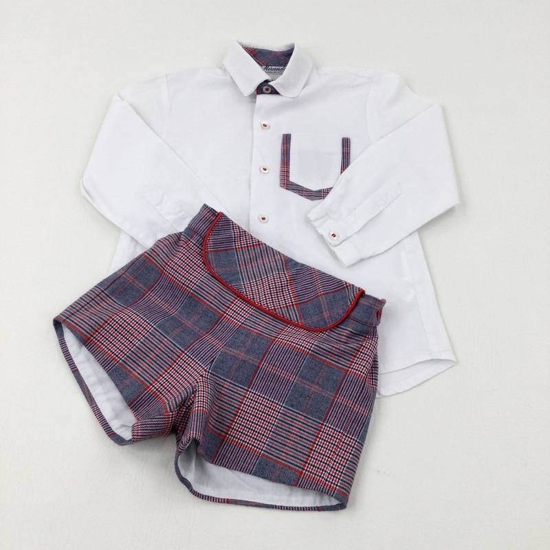 White Long Sleeve Shirt & Red Tartan Style Shorts Set - Boys 2-3 Years