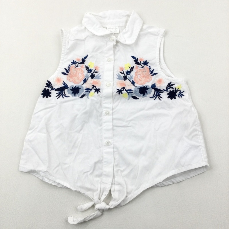 Flower Embroidered White Tie-front Cotton Blouse - Girls 8-9 Years