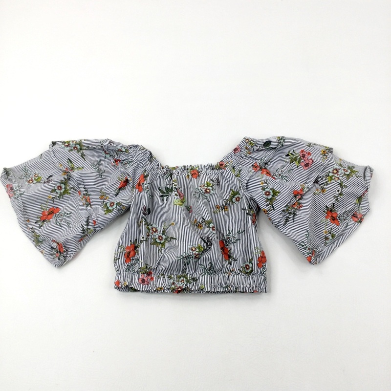 Flowers Black & White Striped Cotton Flared Sleeve Blouse - Girls 7-8 Years