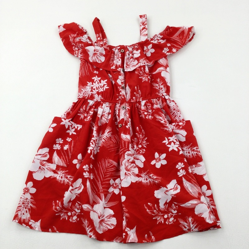 Flowers Red & White Lightweight Summer Dress - Girls 8-9 Years