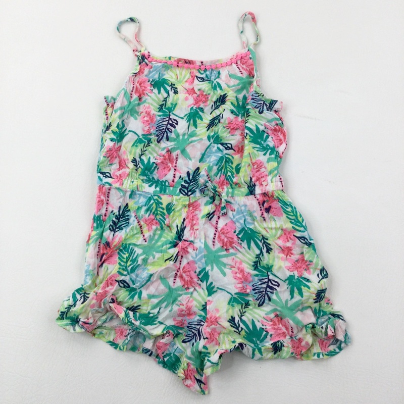 Palm Leaves Crinkle White Lightweight Playsuit - Girls 7-8 Years