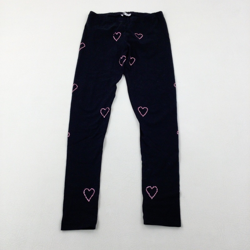 Pink Diamonte Hearts Black Leggings - Girls 8-9 Years
