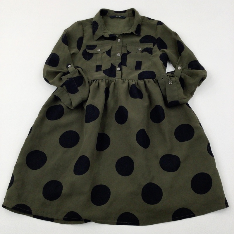 Spotty Khaki Green & Black Long Sleeve Lined Shirt Dress - Girls 8-9 Years