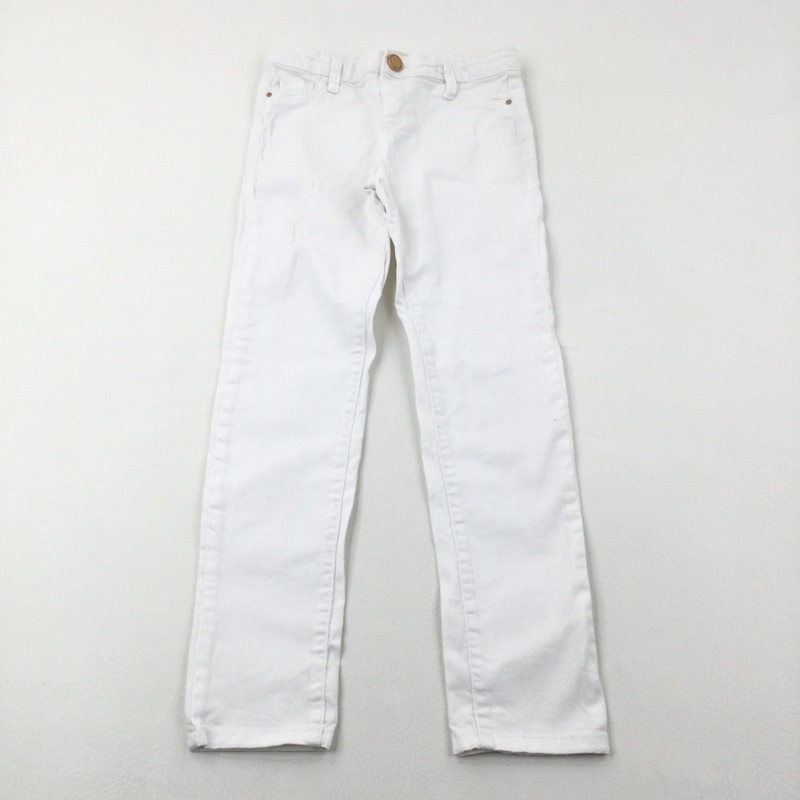 White Distressed Denim Jeans With Adjustable Waist - Girls 8-9 Years