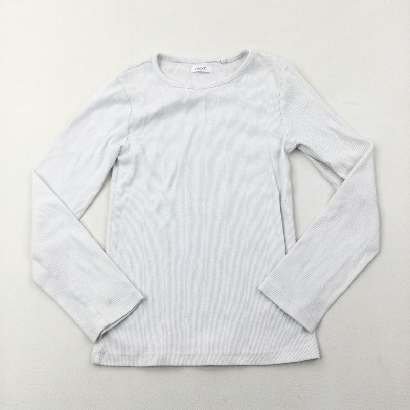 White Ribbed Long Sleeve Top - Girls 7-8 Years
